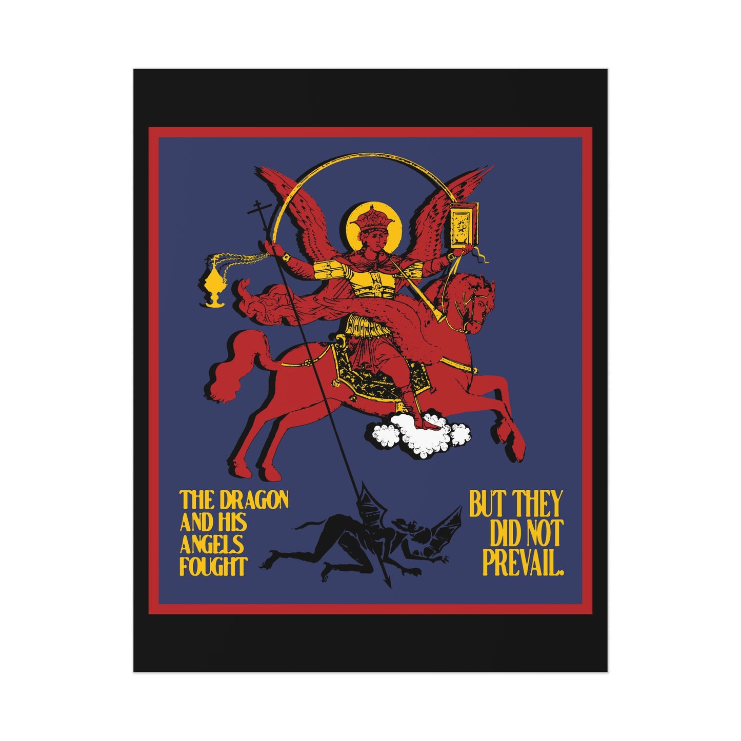 Archangel Michael of the Apocalypse IconoGraphic (Revelation 12:7-8) | Red Angel and Horse on Blue Background | Orthodox Christian Art Poster