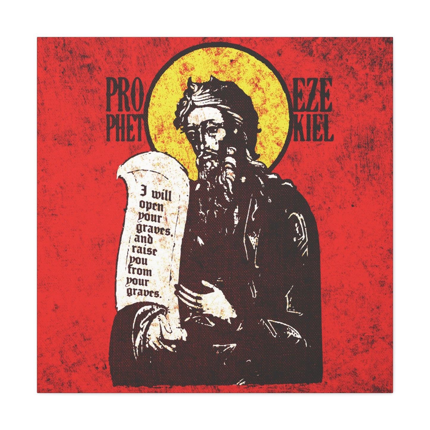 Prophet Ezekiel IconoGraphic | Textured, High Contrast Bright Red and Yellow Design | Old Testament | Orthodox Christian Canvas Art