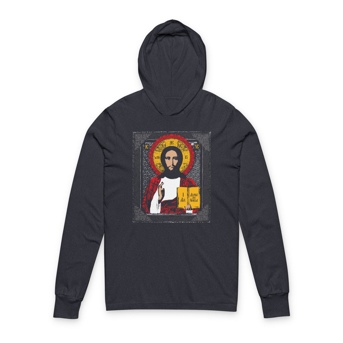 Heather navy hoodie featuring an ancient Christ Pantocrator icon graphic with halo and book, inspired by "I Am the Alpha and Omega" Orthodox imagery.
