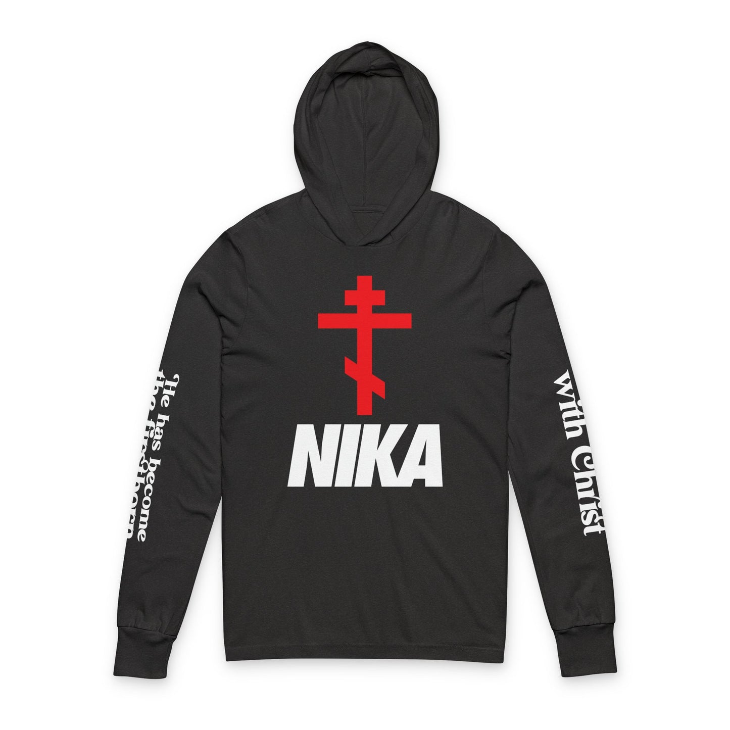 NIKA Orthodox Cross NIKE Logo Mashup | Crucified With Christ | Firstborn of the Dead | Sleeve Prints | Orthodox Long Sleeve Hooded Shirt