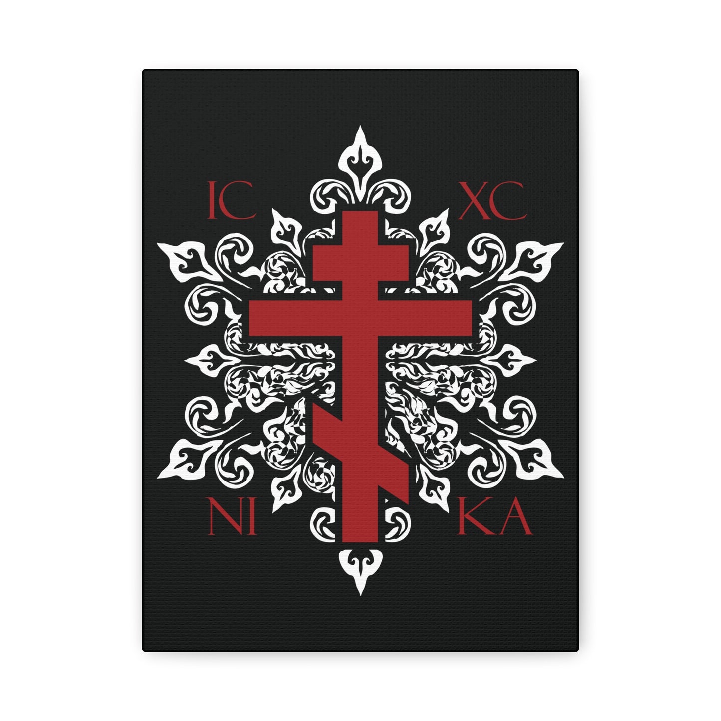 ICXC / NIKA Red Orthodox Cross on Ornate White Medieval Floral Design | Exclusive Best-Selling | Orthodox Christian Canvas Art
