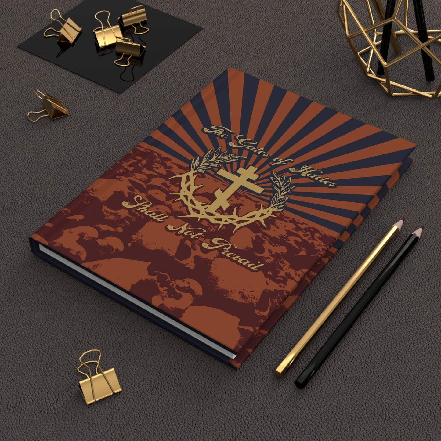 The Gates of Hades Shall Not Prevail | Cross with Wreath & Crown of Thorns | Skulls and Rays | Orthodox Christian Hardcover Journal