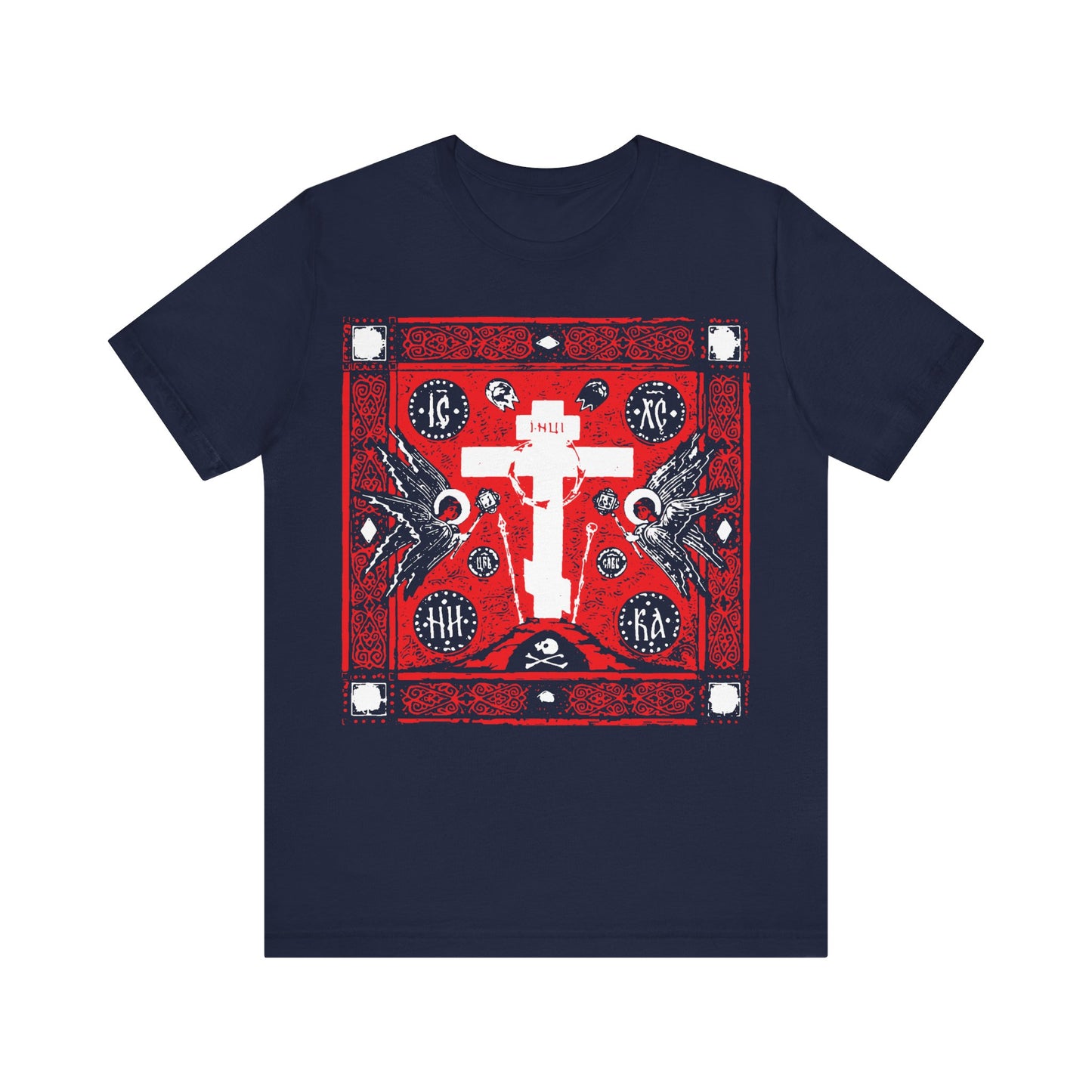 Adoration of Holy Cross IconoGraphic | Striking Red, White, & Black Russian Cross Design w/ Angels | Orthodox Christian T-Shirt