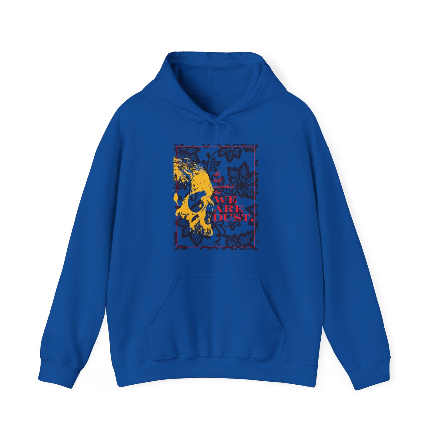 Royal blue Orthodox Christian hoodie featuring a yellow skull on a blue floral background with red "WE ARE DUST" text—Gothic, Memento Mori style inspired by Ps. 102/103 LXX, subtly nodding to the Lord’s mercy.