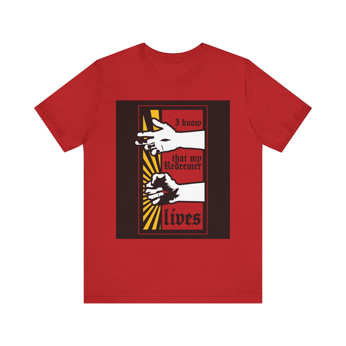 Red unisex t-shirt featuring a Christ Resurrected comic book-style design with "I Know That My Redeemer Lives" (Job 19:25) in black and yellow. Lightweight cotton.
