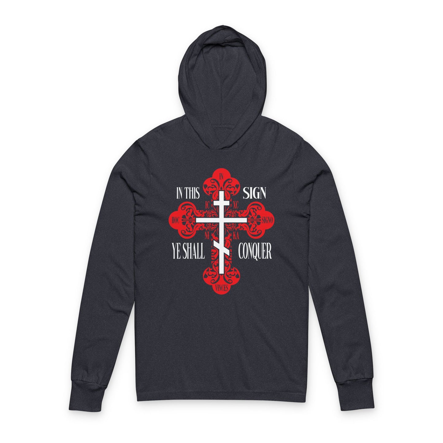 Heather navy hooded shirt with a red ornate Orthodox cross and “In this sign ye shall conquer” text—perfect for those inspired by Christian faith and the victory of Jesus Christ (ICXC NIKA).