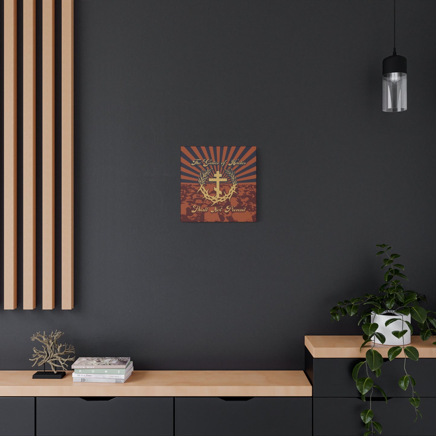 The Gates of Hades Shall Not Prevail | Cross with Wreath & Crown of Thorns | Skulls and Rays | Orthodox Christian Canvas Art