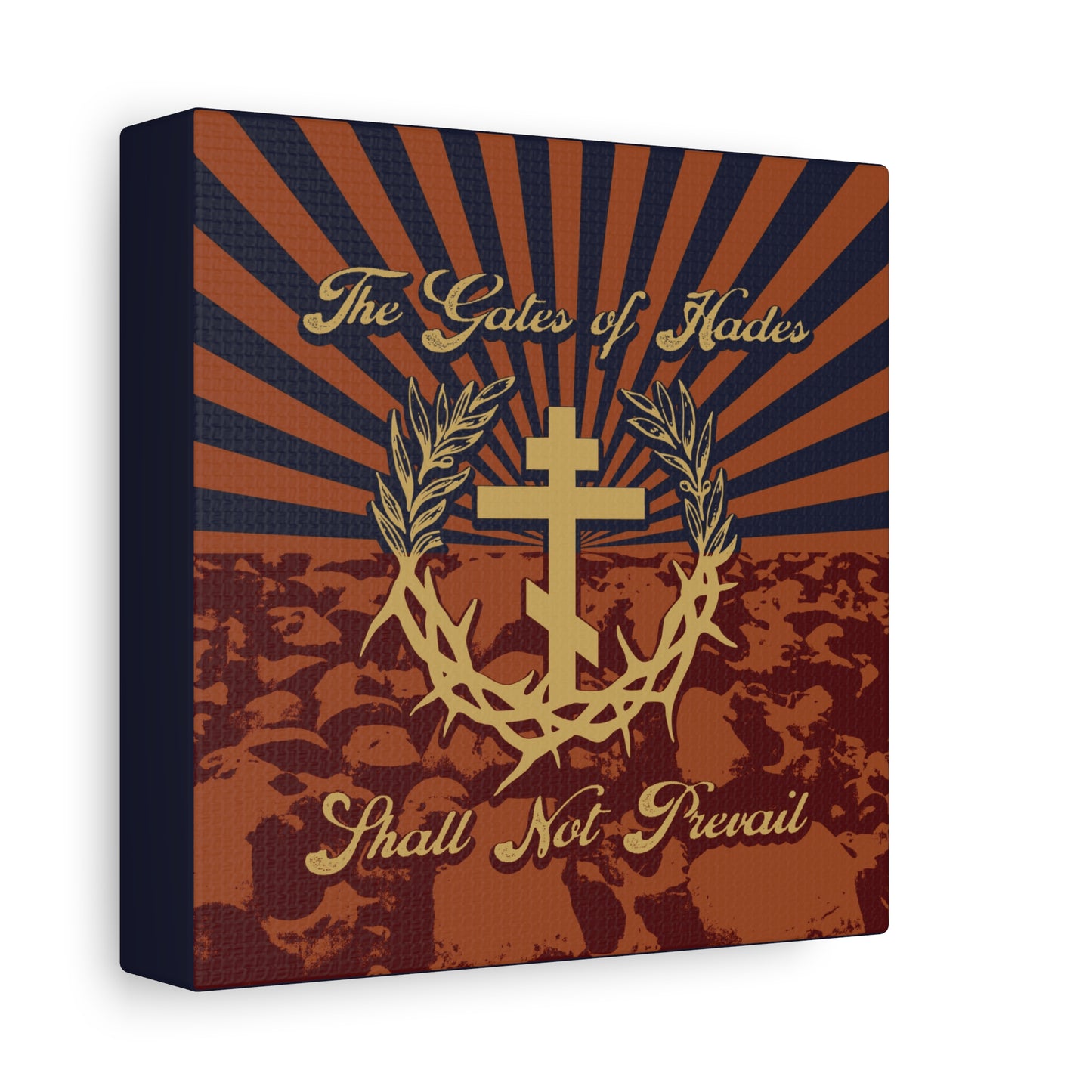 The Gates of Hades Shall Not Prevail | Cross with Wreath & Crown of Thorns | Skulls and Rays | Orthodox Christian Canvas Art