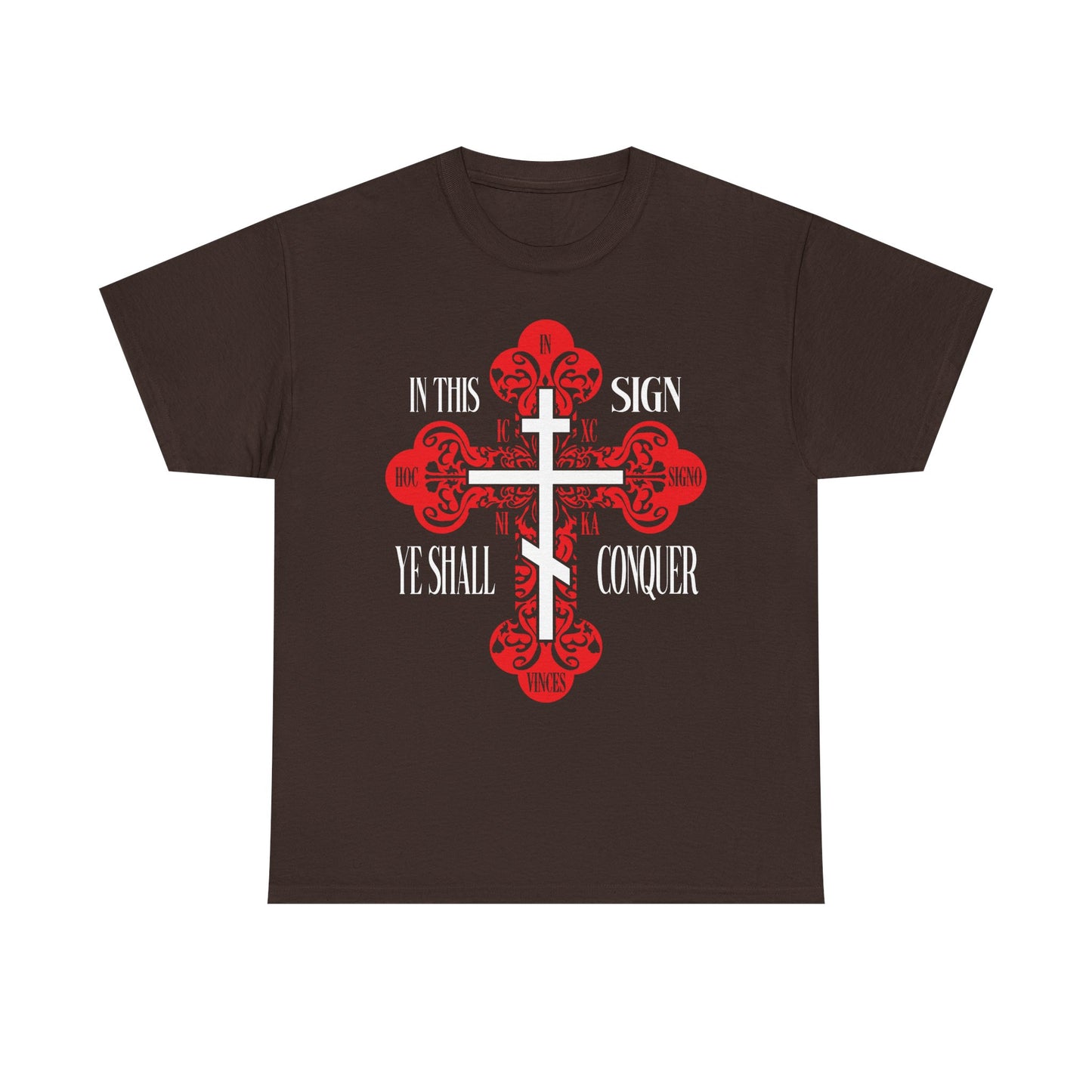 Dark chocolate t-shirt featuring a red ornate Orthodox Cross, ICXC NIKA, and the phrase “In This Sign Ye Shall Conquer”—inspired by the Prayer of the Holy Cross.