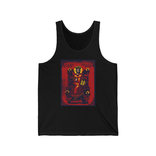 Black tank top featuring the Christ Enthroned IconoGraphic with 4 Living Creatures (Ezekiel's Chariot), inspired by Phil 2:8-11 and Isaiah 45:23: "Every Knee Shall Bow." Orthodox design, bold and artistic.