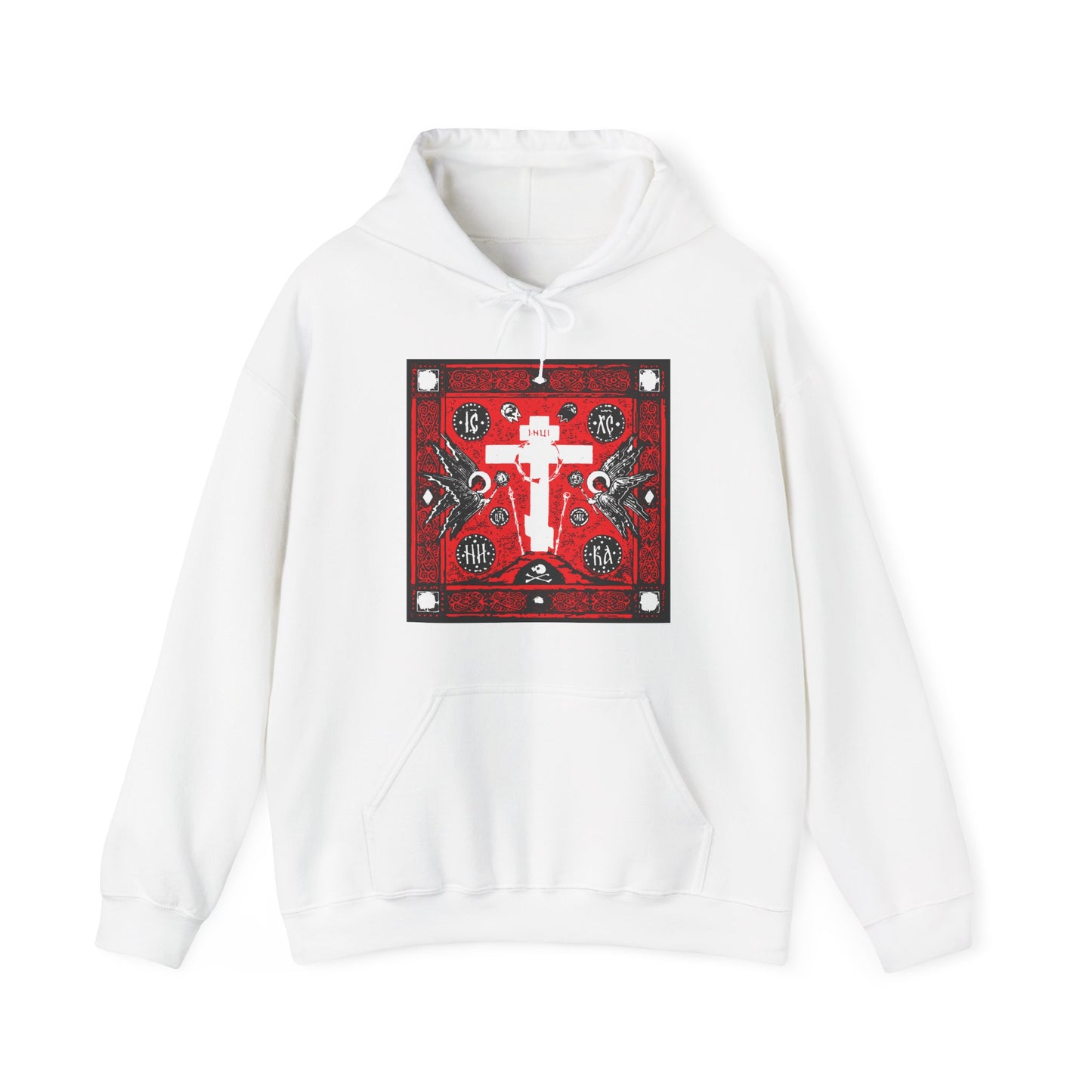 Adoration of Holy Cross IconoGraphic | Striking Red, White, & Black Russian Cross Design w Angels | Orthodox Christian Hoodie 2