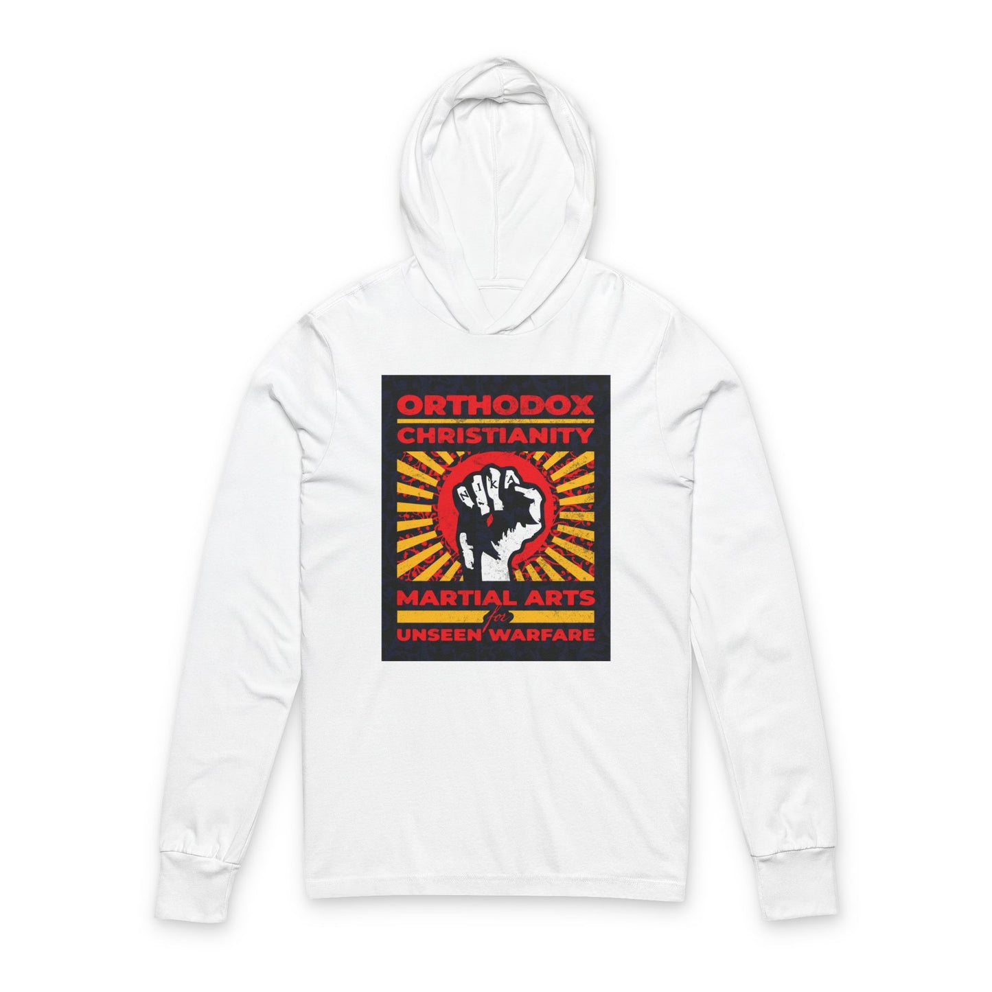 Orthodox Christianity: Martial Arts for Unseen Warfare | NIKA Jesus Fist on Colorful Sunburst Design | Orthodox Long Sleeve Hooded Shirt