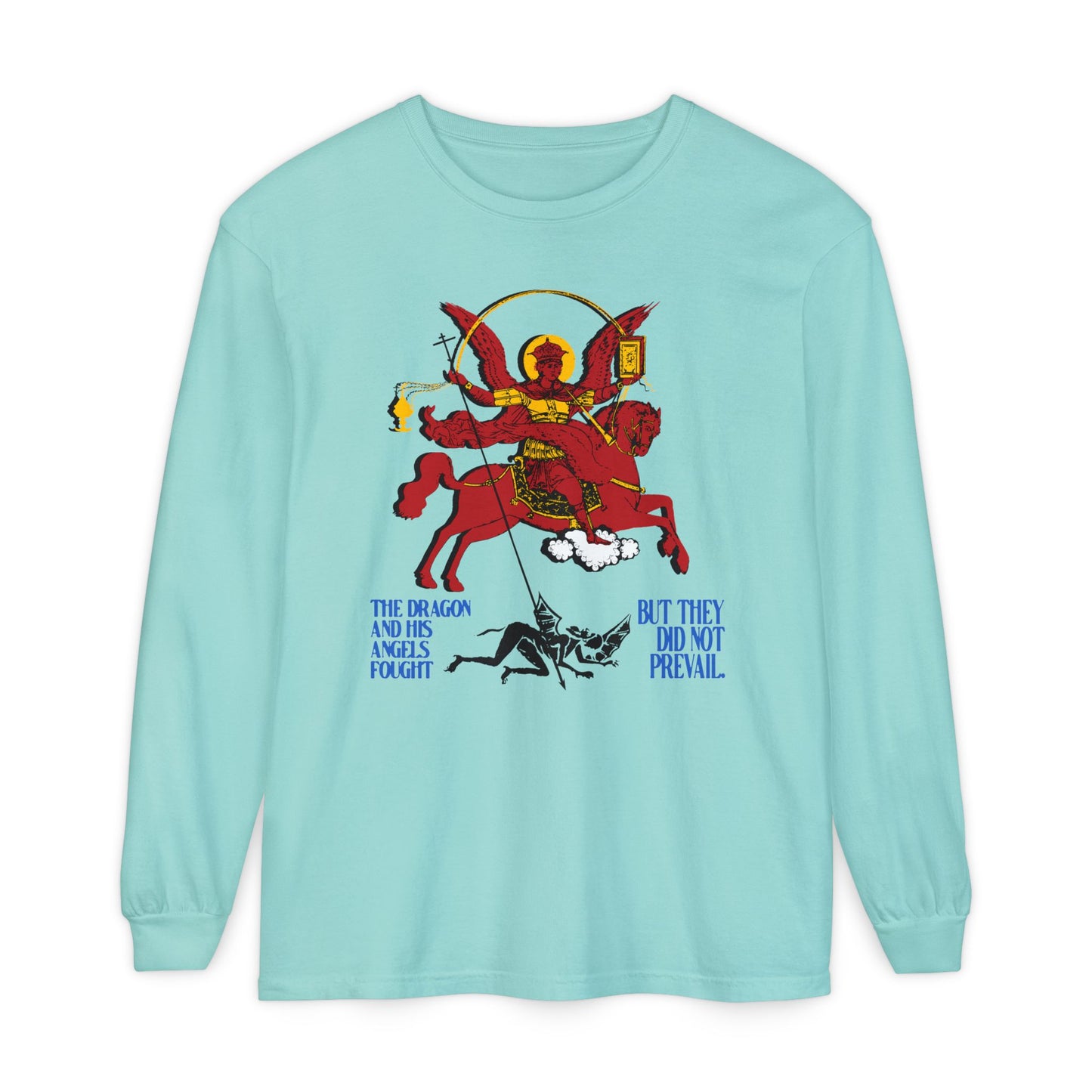 Archangel Michael of the Apocalypse IconoGraphic (Revelation 12:7-8) | Red Angel and Horse on Transparent Background | Blue Lettering | Orthodox Christian Cotton Long Sleeve Shirt