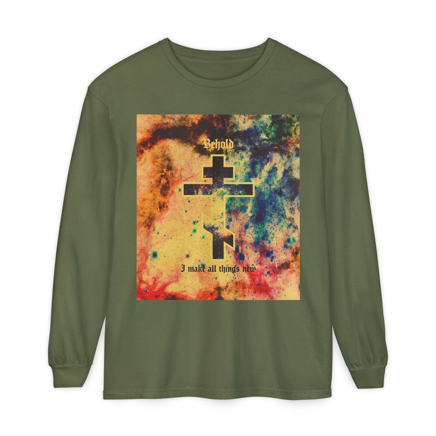 Behold, I Make All Things New (Revelation 21:5) | Cosmic Orthodox Cross On Inverted Starfield | Second Coming | Orthodox Christian Long Sleeve Shirt