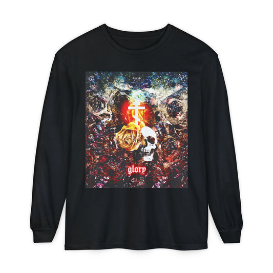 Now the Son of Man is Glorified (John 13:31) | Skull and Floral Glowing Cross Design | Orthodox Christian Long Sleeve Shirt