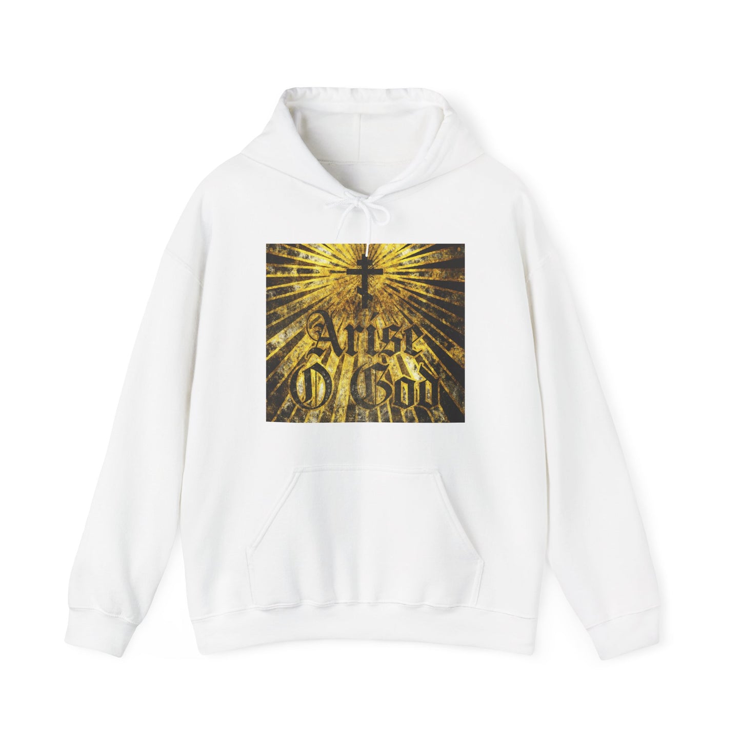 White “Arise O God” hoodie featuring a textured Gothic font, Orthodox cross, and golden rays graphic inspired by Psalm 81 (82 LXX) and the Divine Council worldview. Orthodox Christian apparel.