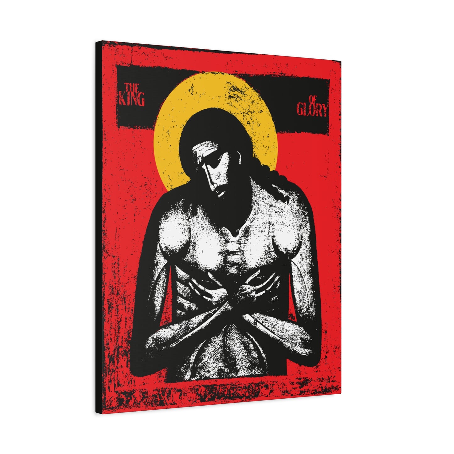 The King of Glory Jesus Christ "Extreme Humility" IconoGraphic features a stylized image with a yellow halo, red background, and the message The King of Glory—ideal Christian wall art inspired by Isaiah 53.