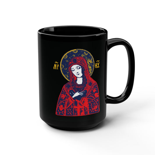 Joy of All Joys Tenderness Theotokos Iconographic Based on Traditional Orthodox Iconography | Red Design | Orthodox Christian Black Mug