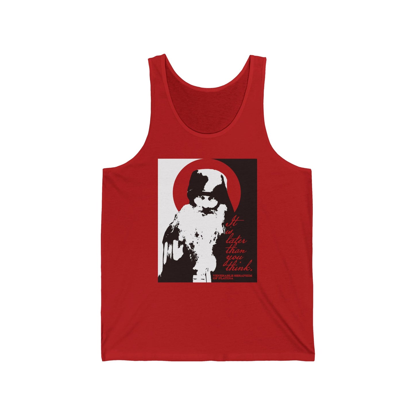 The Remembrance of Death "It's Later Than You Think" tank top features Fr Seraphim Rose in black, white, and red high-contrast design with “It's later than you think” script, echoing Modern Orthodox Saint and memento mori themes.