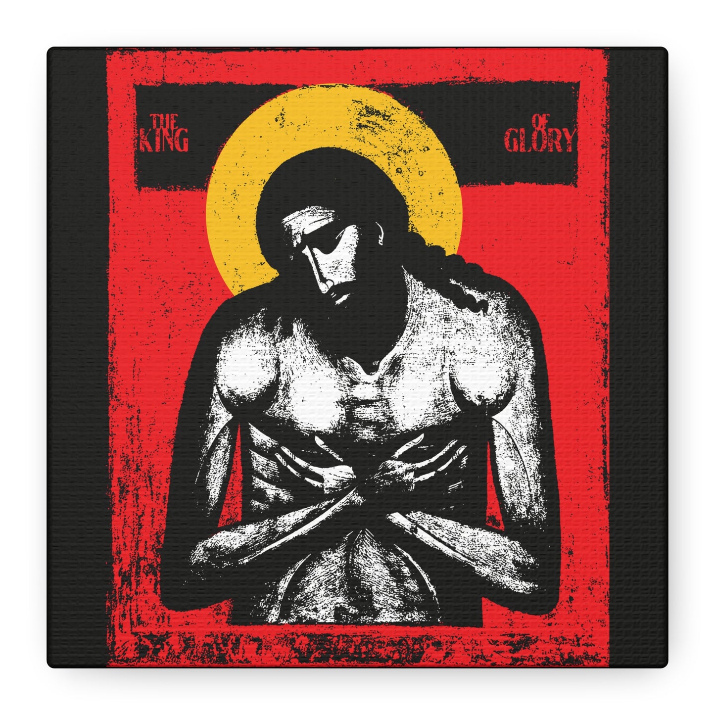 The King of Glory Jesus Christ "Extreme Humility" IconoGraphic features a striking red, yellow, white, and black design—Christian devotional wall art inspired by Isaiah 53 and perfect for faith-filled spaces.