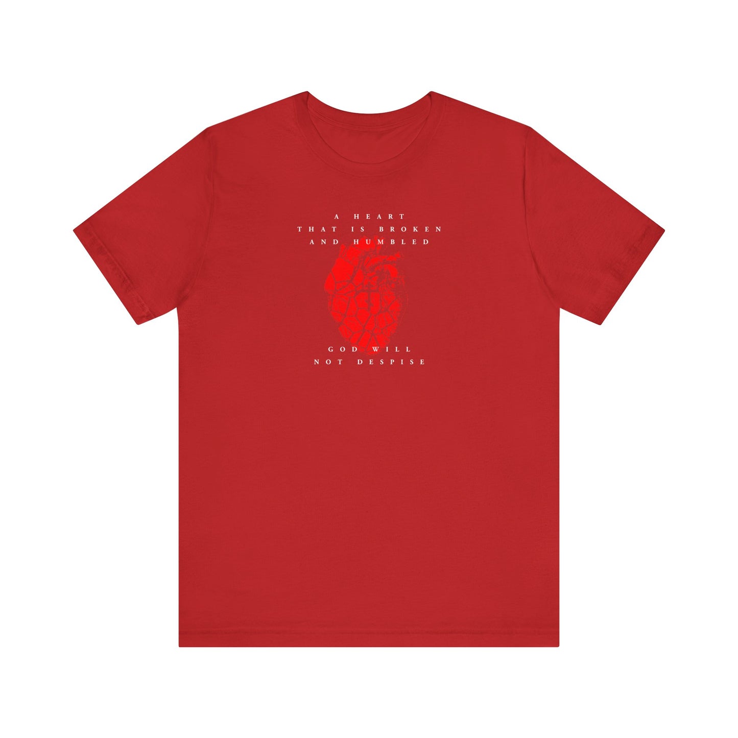 Red unisex cotton t-shirt featuring a cracked heart with Orthodox cross graphic and the message "A heart that is broken and humbled God will not despise," inspired by Psalm 50.