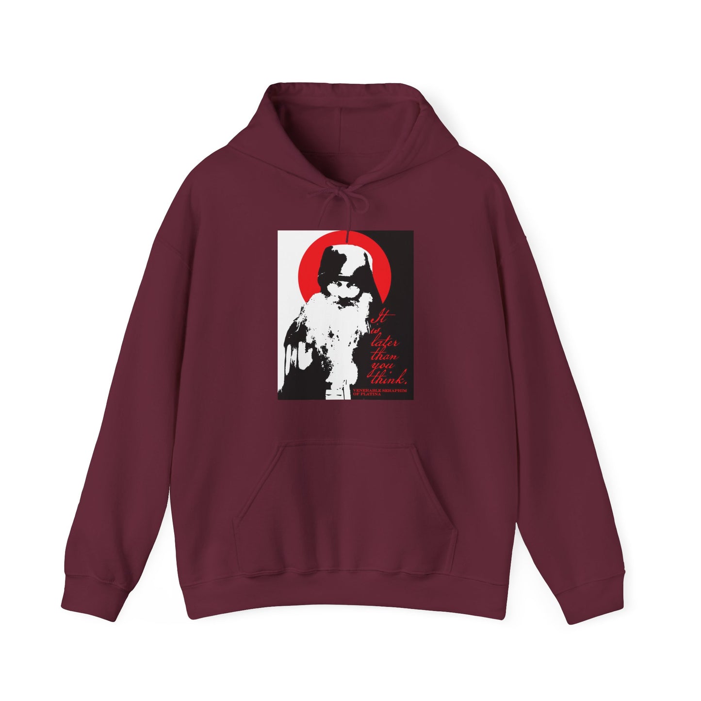 Remembrance of Death “It’s Later Than You Think” hoodie features a high-contrast black-and-white depiction of Fr Seraphim Rose with Orthodox inspiration, a red halo, and the phrase “Life is lighter than you think.”.