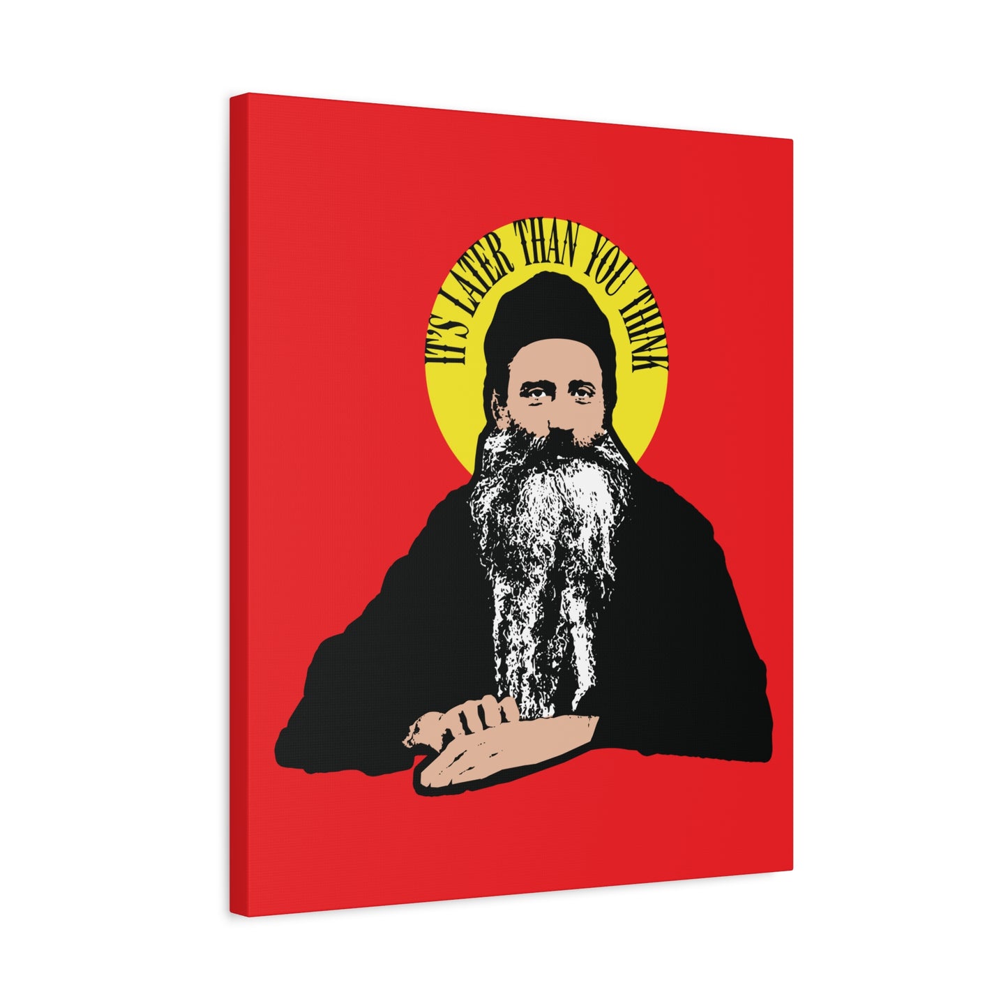 Modern Orthodox Christian wall art: "It's Later Than You Think" quote by Fr Seraphim Rose, featuring a bearded saint with a yellow halo on a red background. Perfect for adding spiritual reflection to any space.