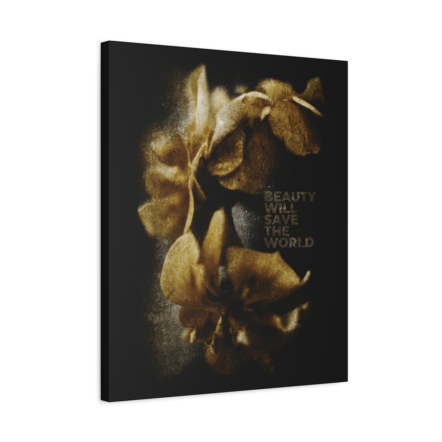 A dark canvas with golden flowers and the phrase “BEAUTY WILL SAVE THE WORLD,” this photographic wall art honors Jesus Christ as Universal Creator & King—a Christian artwork celebrating goodness and beauty.
