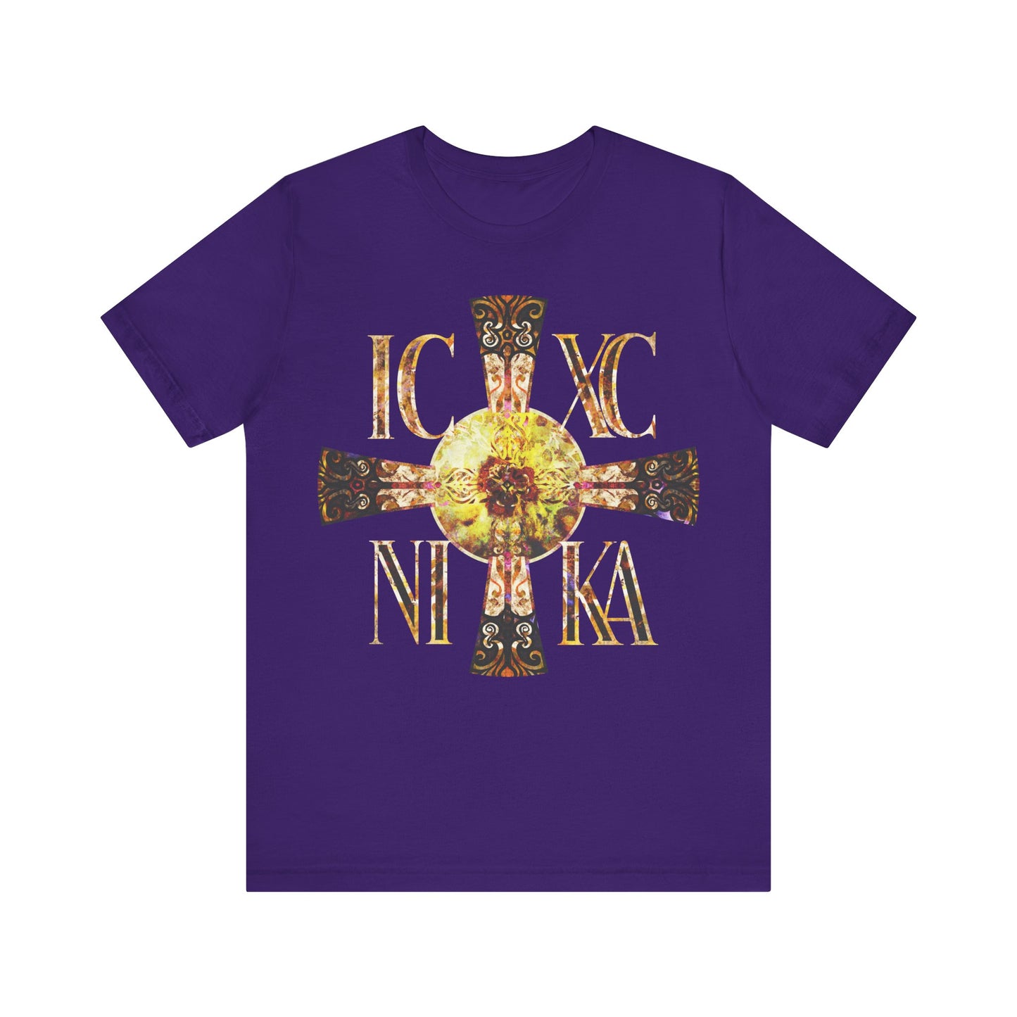 ICXC NIKA Celtic Style Equal Armed Cross | Bright Solar Texture | Orthodox Christian T-Shirt