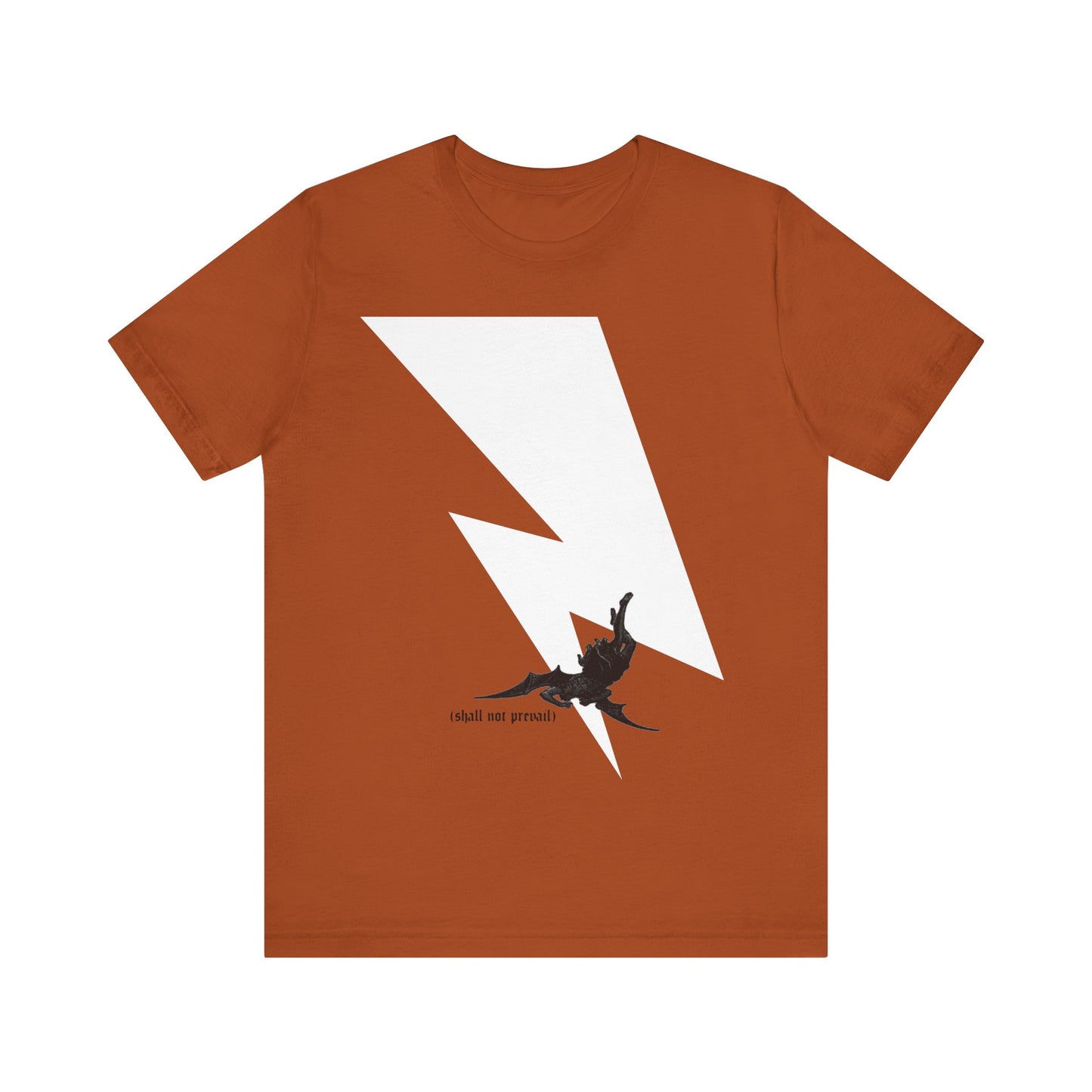 Autumn-colored tee featuring a large white lightning bolt, small black bat, and text below—inspired by Satan’s fall (Luke 10:18). Minimalist Orthodox Christian design. Shall Not Prevail cotton t-shirt.