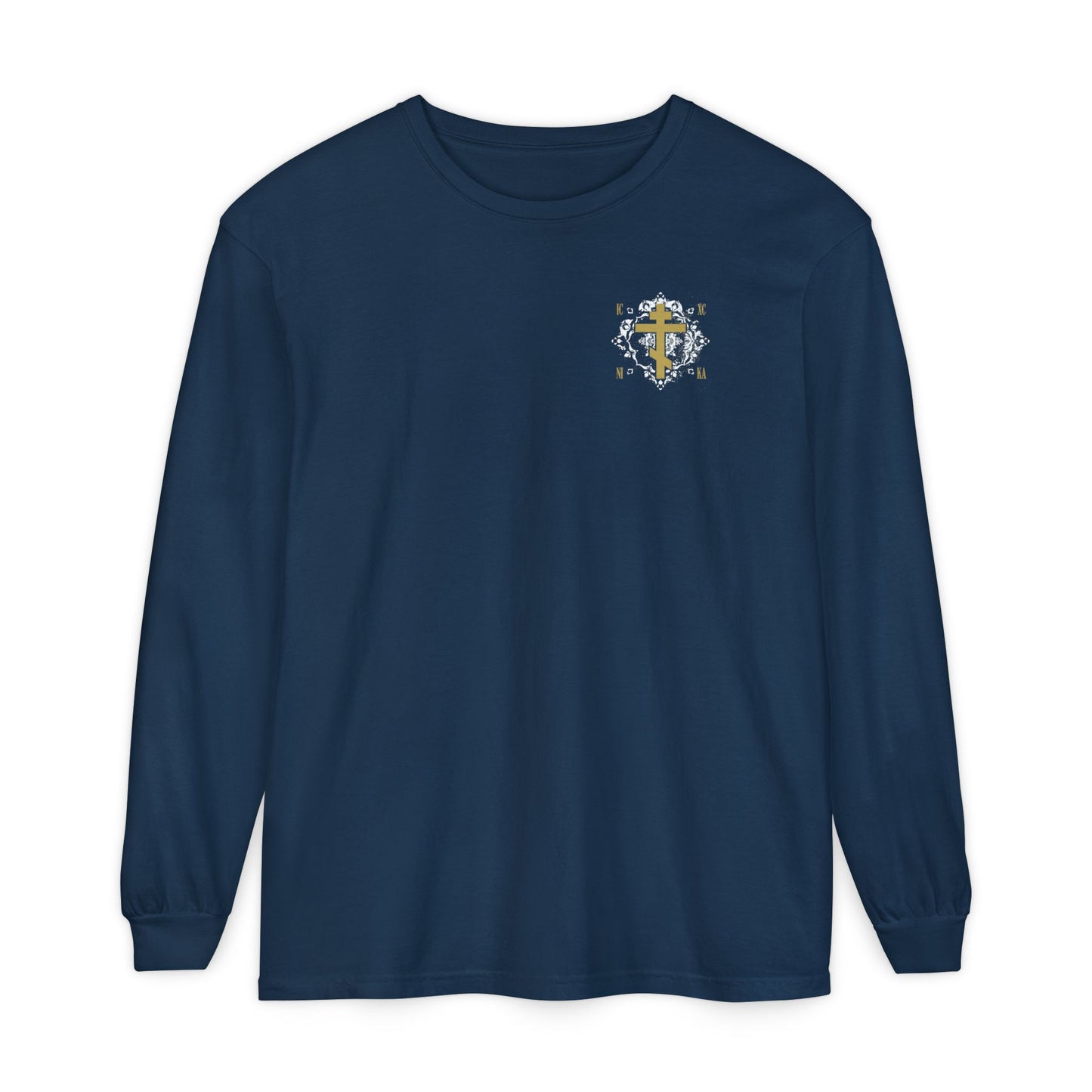 Gold Orthodox Cross ICXC NIKA  (Small Design) | White Medieval Ornate Floral Pattern | Jesus Christ Conquers | Christian Long Sleeve