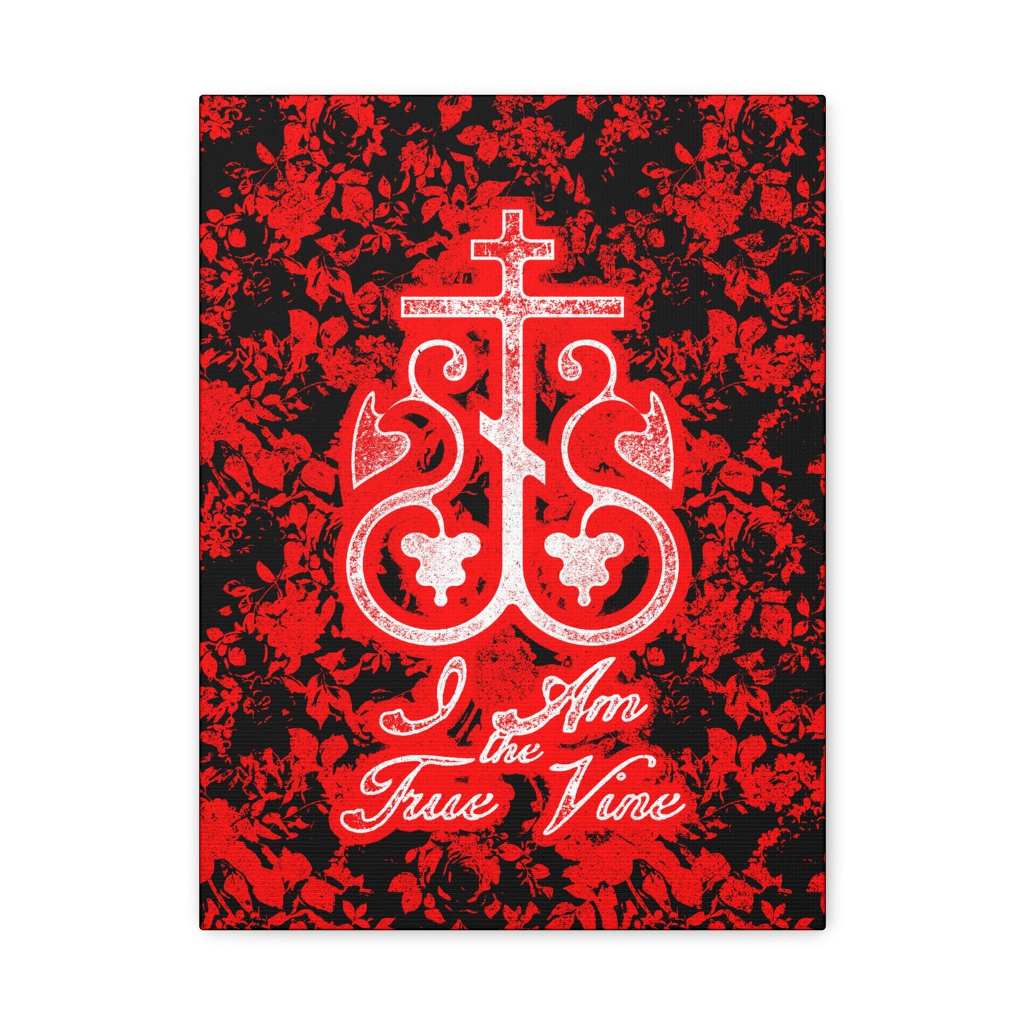 I Am the True Vine (John 15:1) | Orthodox Cross Vine Monogram | Red and Black Floral Design | Orthodox Christian Canvas Art