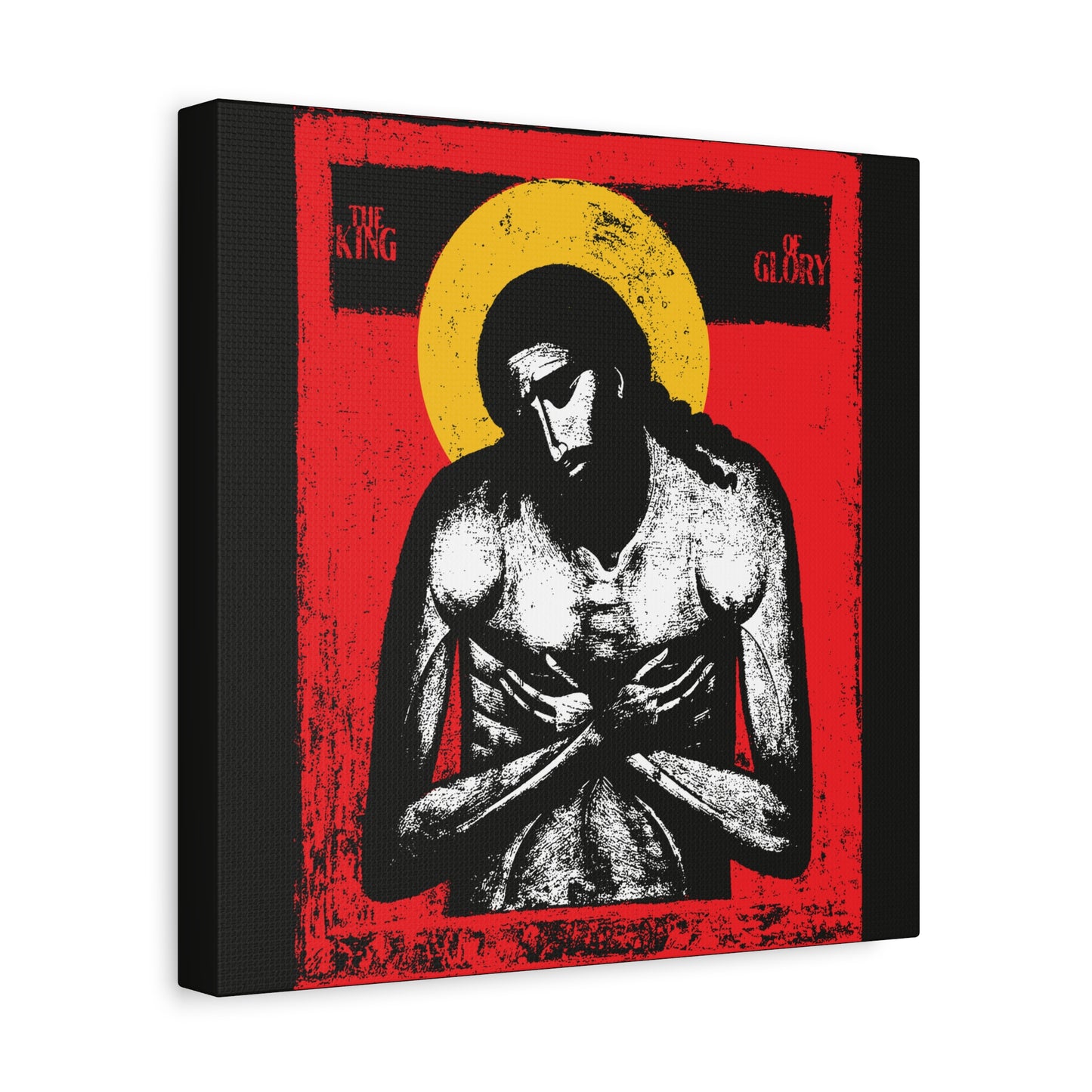 “The King of Glory Jesus Christ 'Extreme Humility' IconoGraphic features a stylized image with a yellow halo, red background, and devotional text—Christian wall art inspired by Isaiah 53’s message.”.
