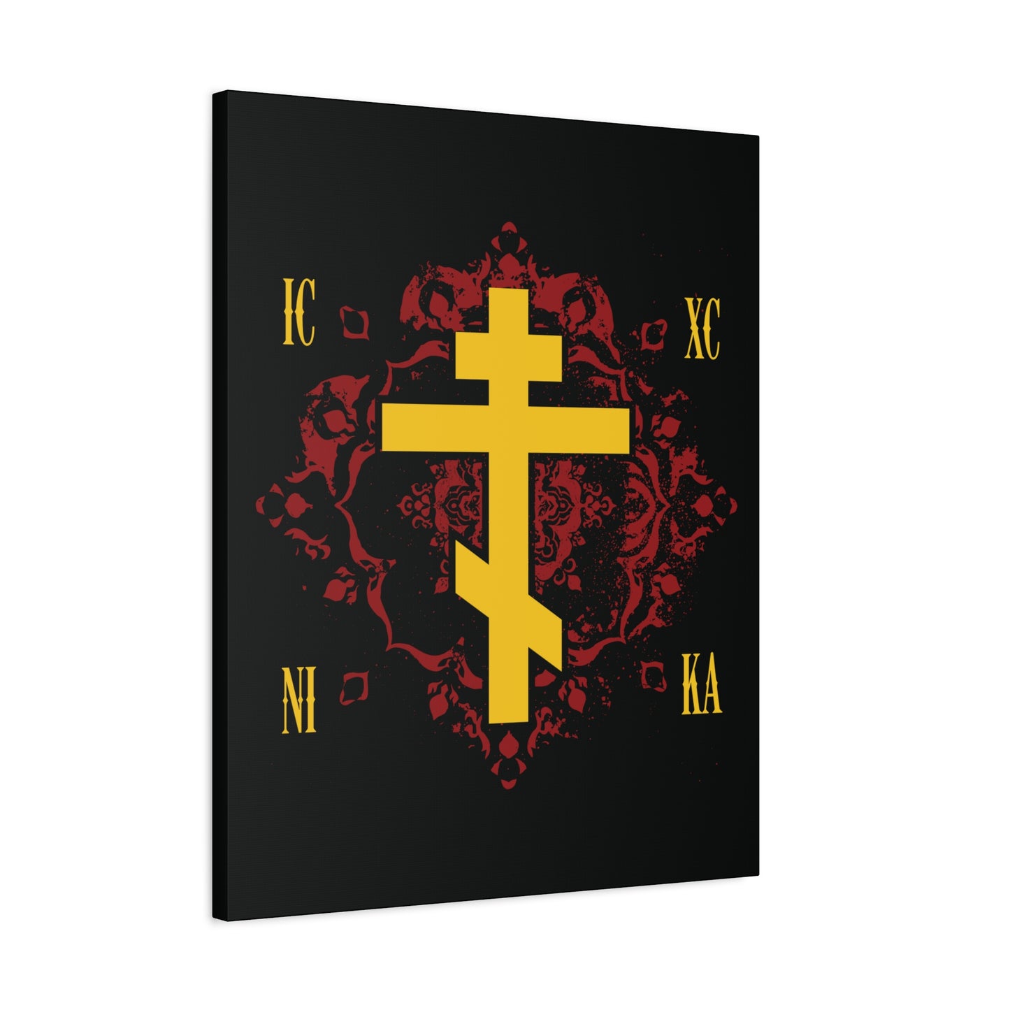 The ICXC NIKA Yellow Russian Cross on Ornate Red Background Canvas Art features a yellow Orthodox cross with Greek letters, symbolizing Christ's victory, set against a striking red and black backdrop.