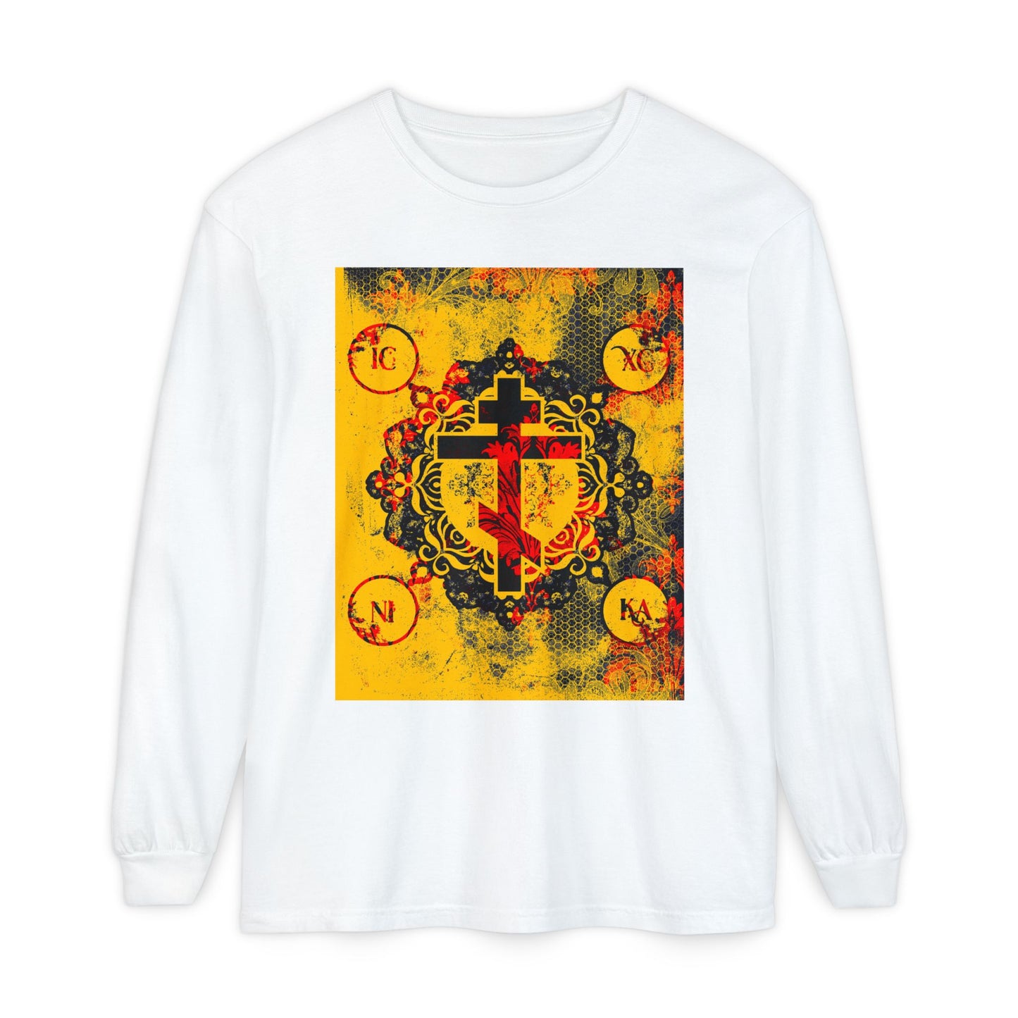 IC XC NIKA Orthodox Cross | Yellow & Red Modern & Medieval Textured Floral Design | Orthodox Christian Long Sleeve Shirt