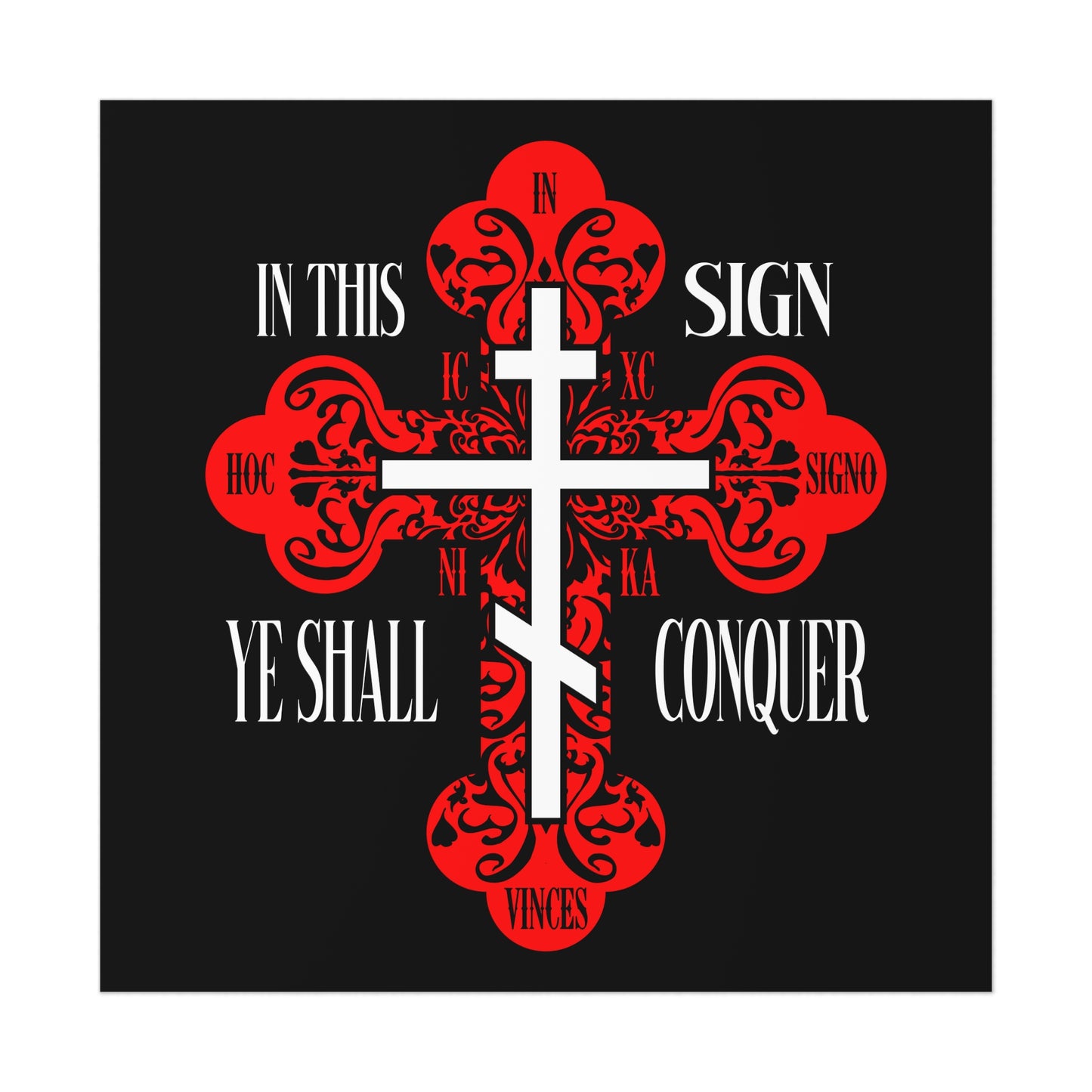 An ornate red and black Orthodox Cross art poster with "In This Sign Ye Shall Conquer" (ICXC NIKA), inspired by Christian tradition and the Holy Cross.