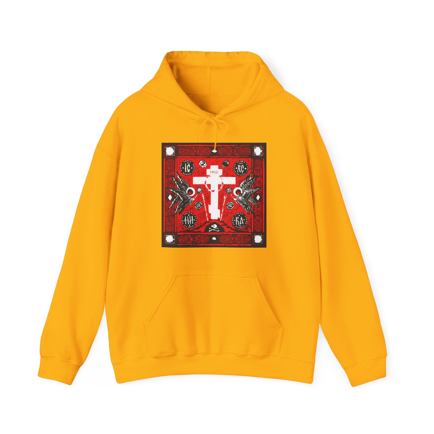 Adoration of Holy Cross IconoGraphic | Striking Red, White, & Black Russian Cross Design w Angels | Orthodox Christian Hoodie 2