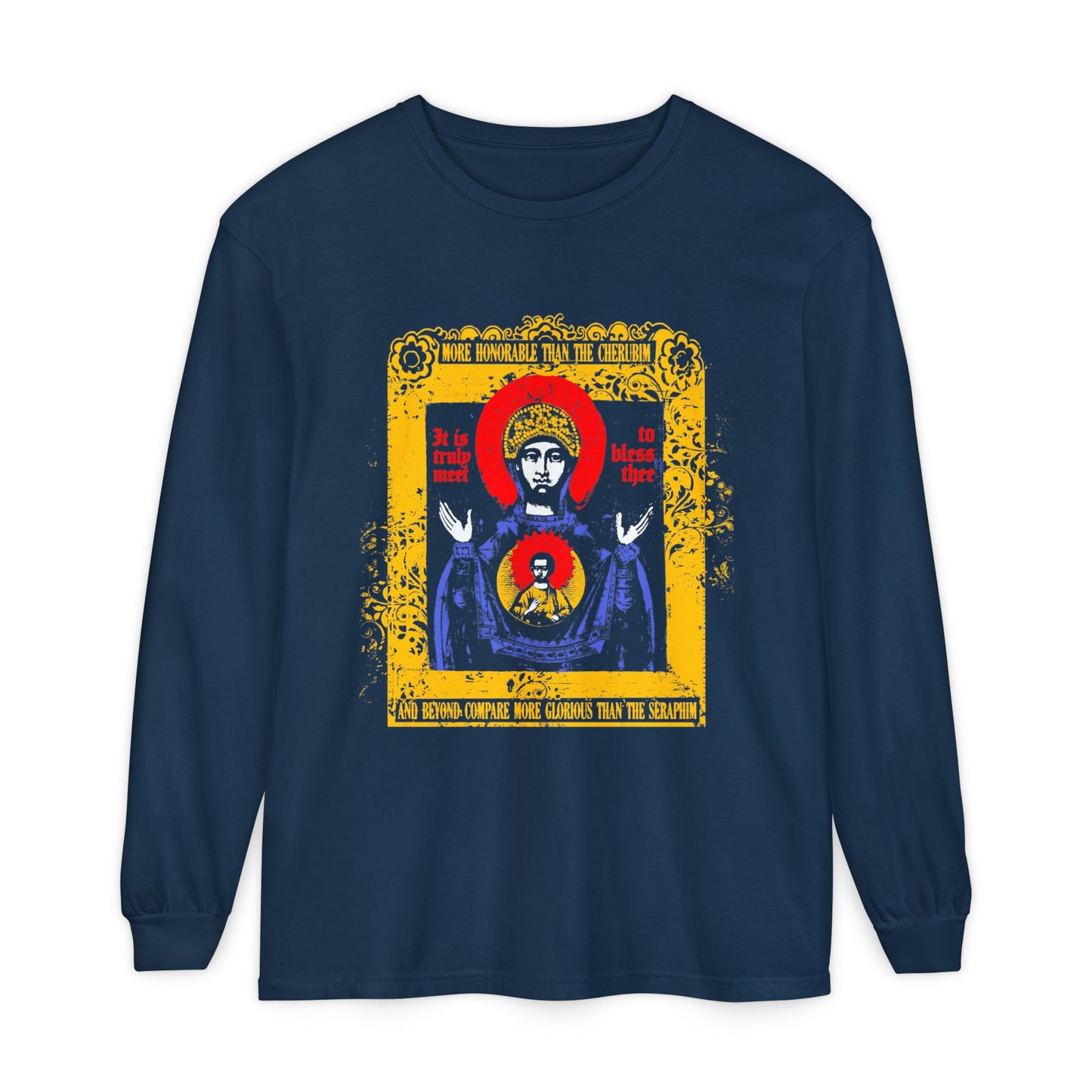 It is Truly Meet To Bless Thee Iconographic | Axion Estin Hymn to the Mother of God Theotokos | Orthodox Christian Long Sleeve Shirt