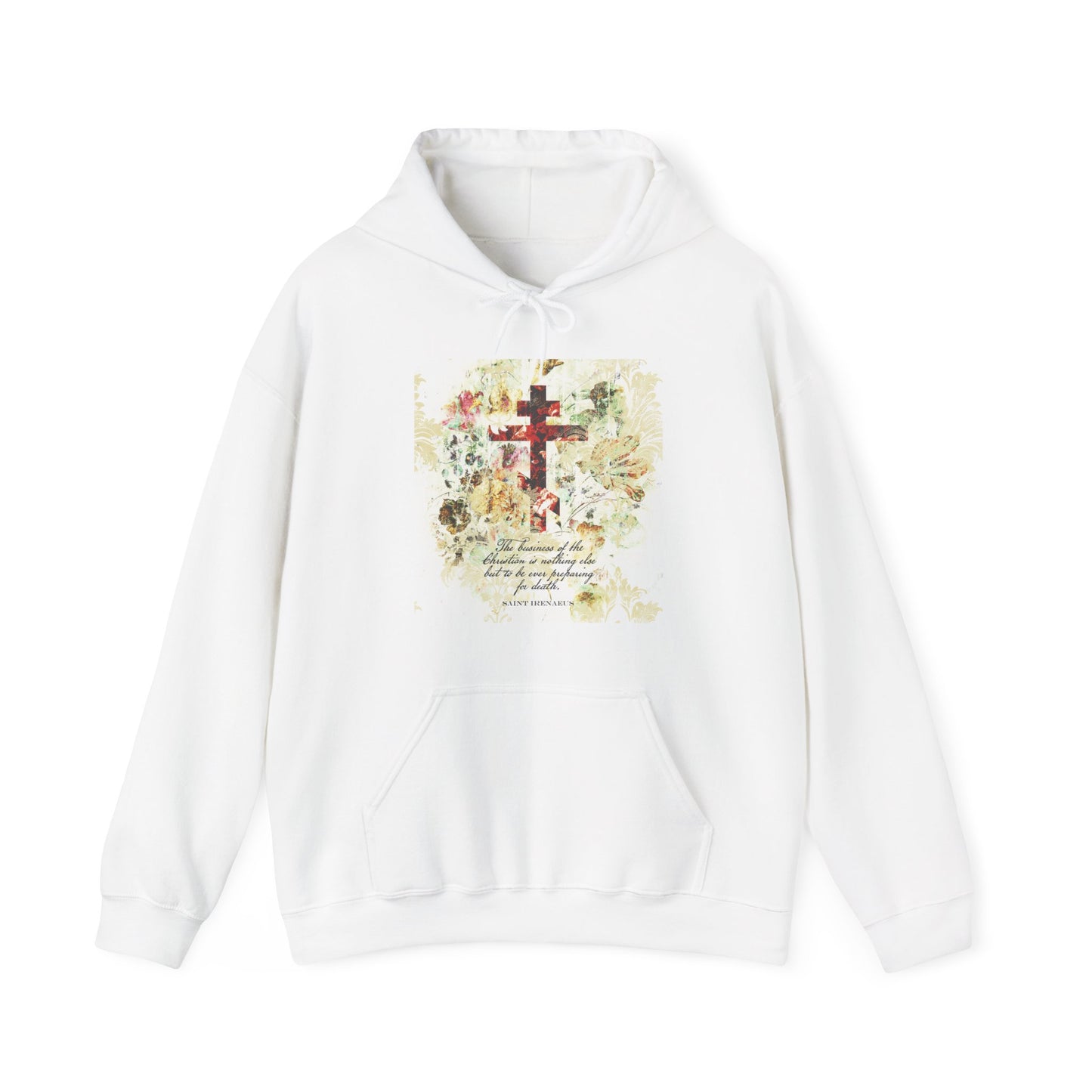 Preparing For Death | White & Beige Floral Scrapbook Texture Cross | Arts & Crafts Style | St Irenaeus | Orthodox Christian Hoodie