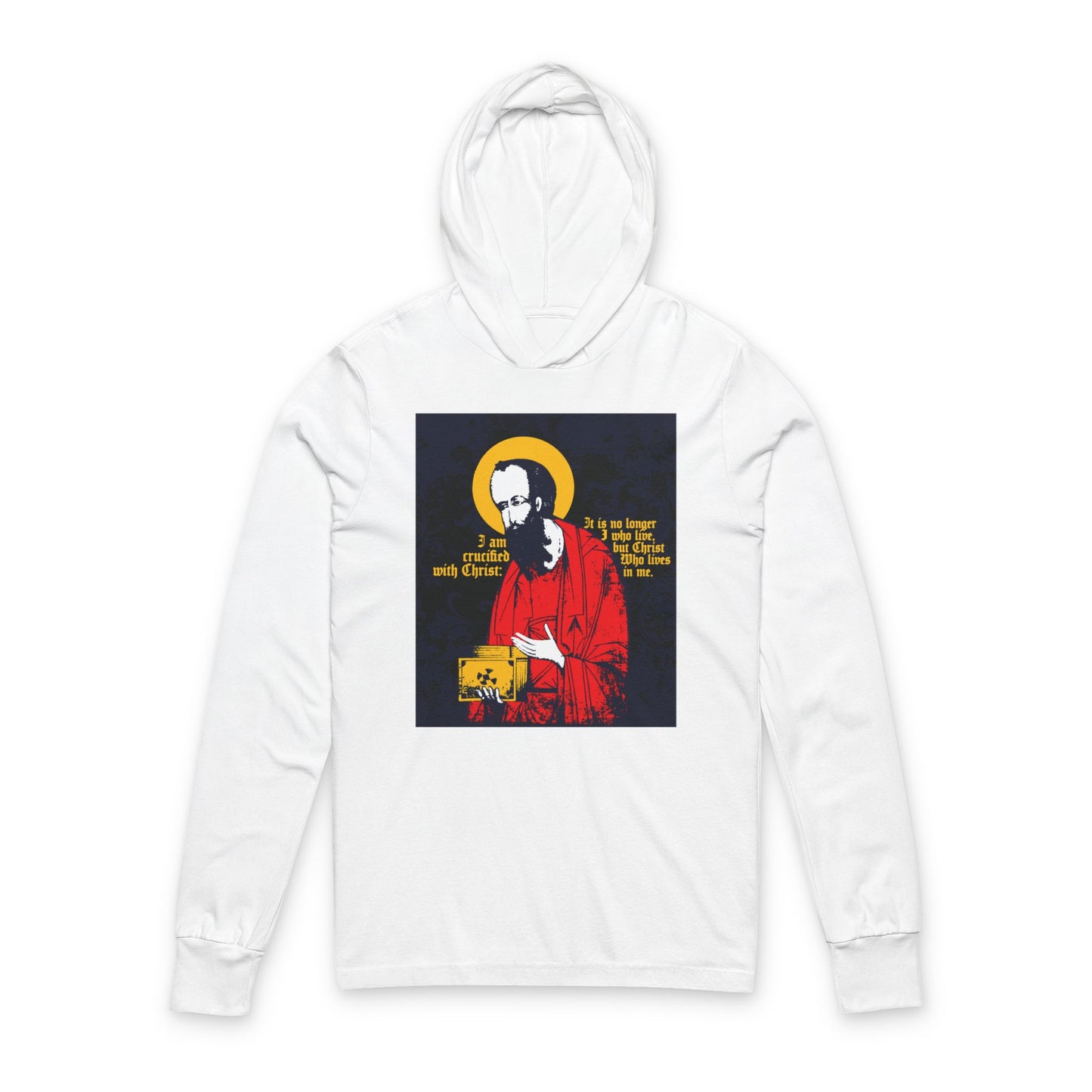 St Paul Holding Gospel Iconographic | I am crucified with Christ (Galatians 2:20) | Orthodox Long Sleeve Hooded Shirt