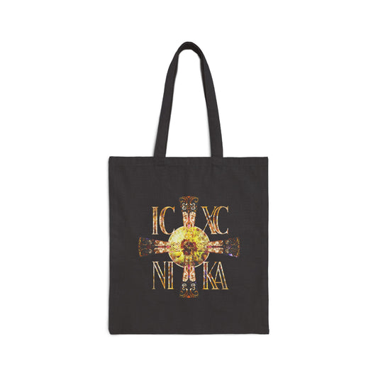 ICXC NIKA Celtic Style Equal Armed Cross | Bright Solar Texture | Orthodox Christian Tote Bag