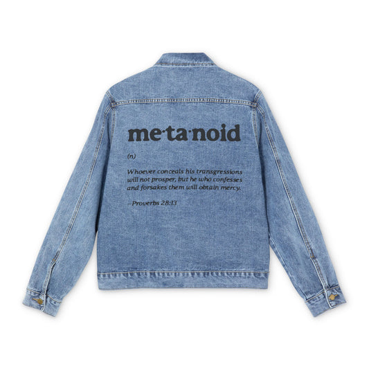 Metanoia Metanoid Definition | Proverbs 28:13 | Confession & Repentance | Minimalist Design | Orthodox Christian Blue Denim Jacket