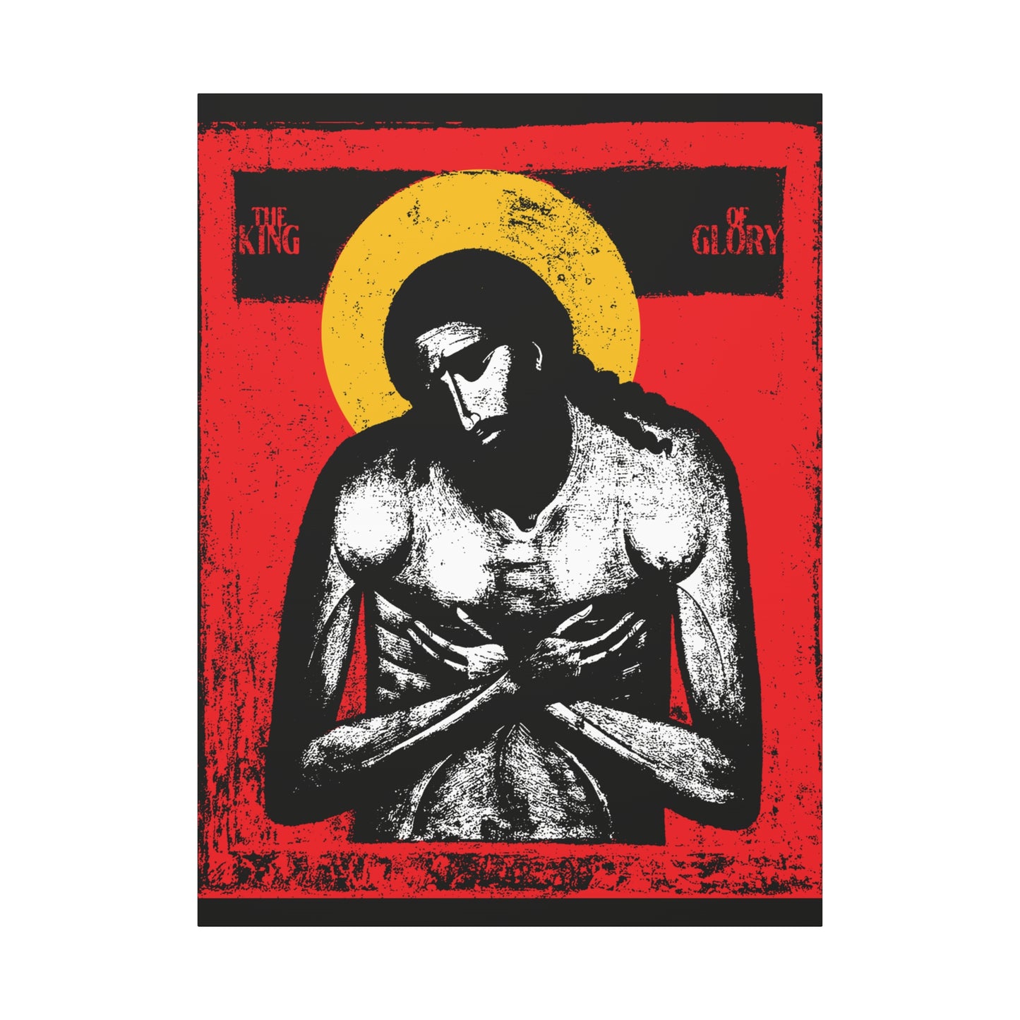 The King of Glory Jesus Christ "Extreme Humility" IconoGraphic features stylized art with a yellow halo and red background, highlighting Christ’s humility. Ideal for Christian devotional use and wall art. Inspired by Isaiah 53.