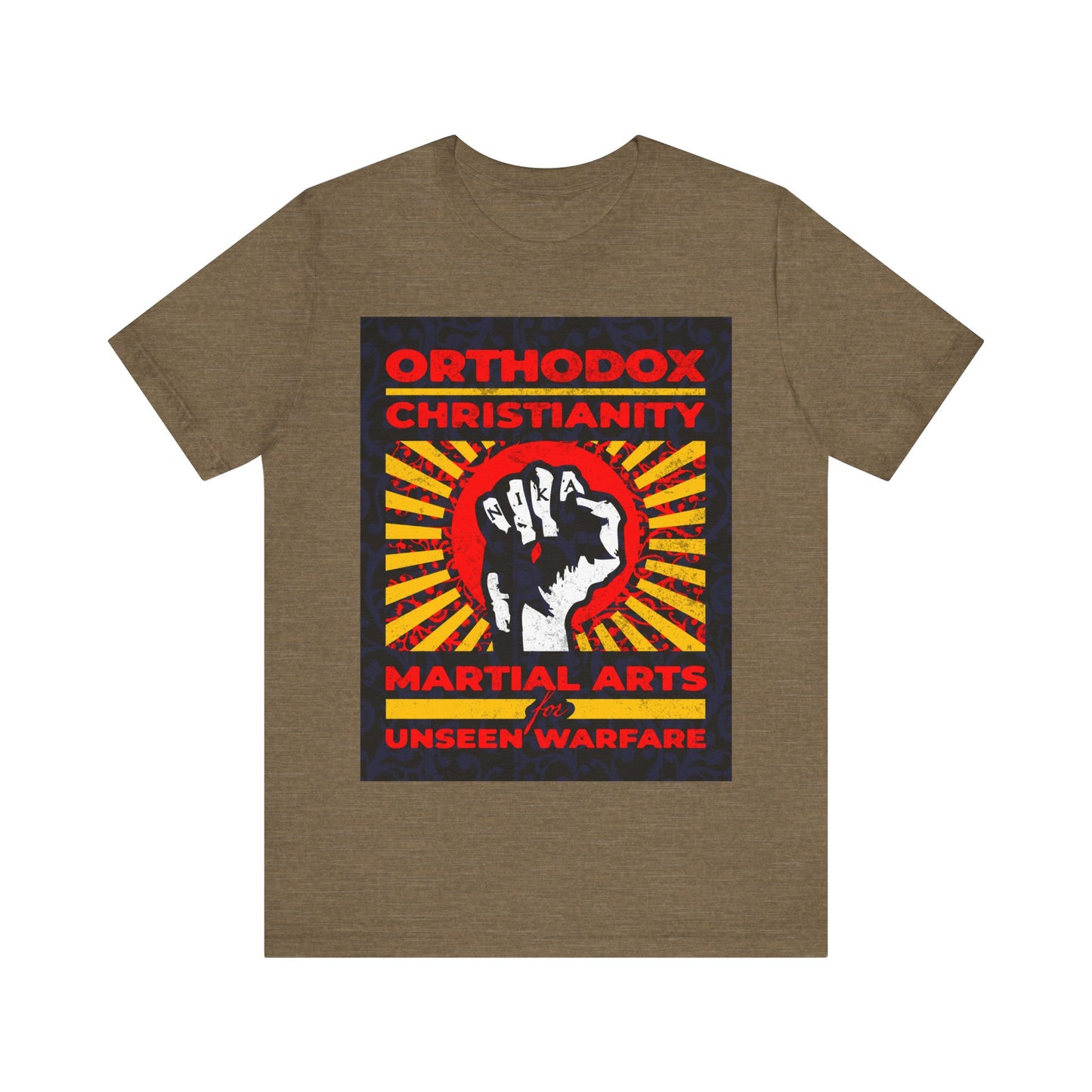 Orthodox Christianity: Martial Arts for Unseen Warfare | NIKA Jesus Fist on Colorful Sunburst Design | Orthodox Christian T-Shirt