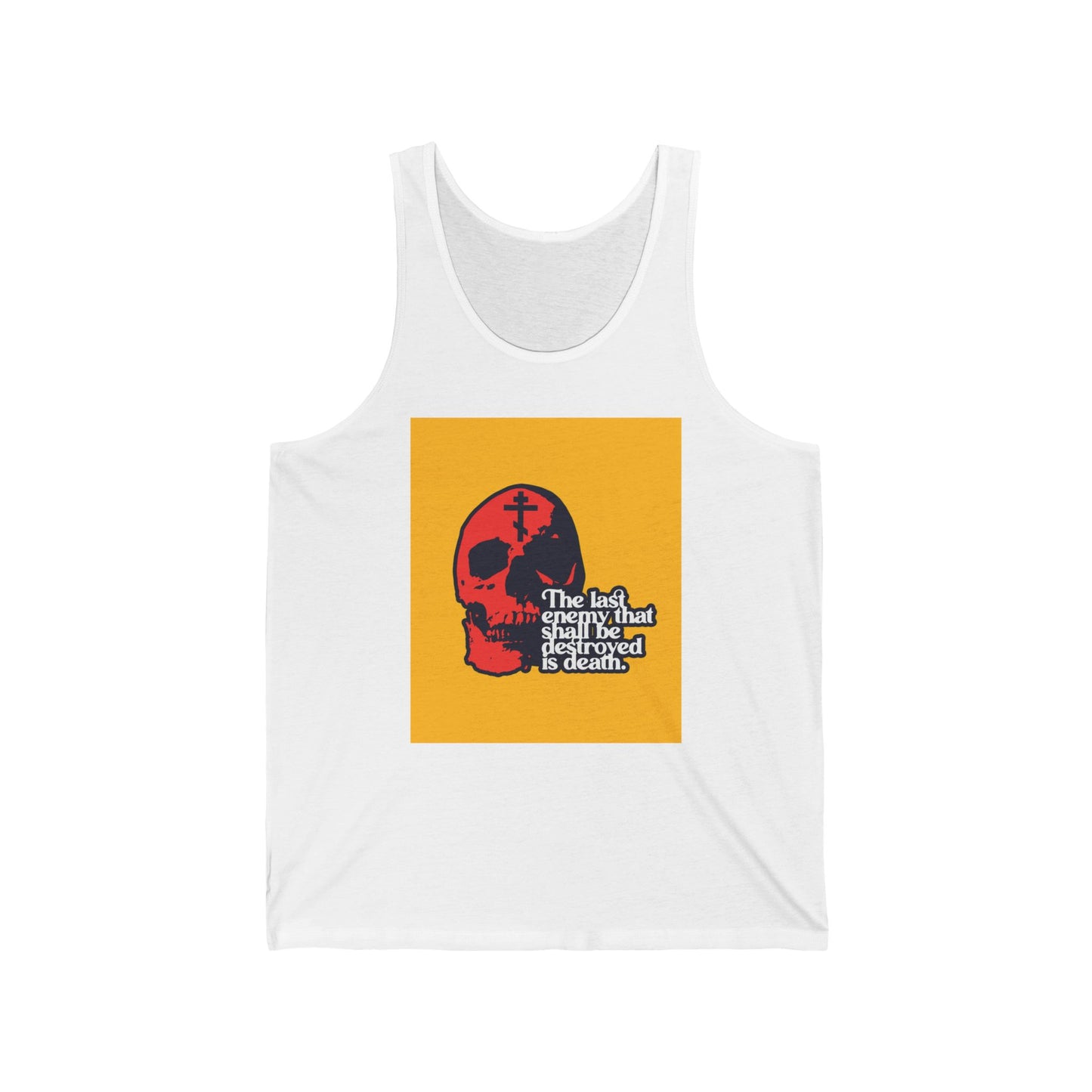 The Last Enemy That Shall Be Destroyed  (1 Corinthians 15:26) | Red Skull on Yellow Background | 70s Typography | Orthodox Christian Tank Top