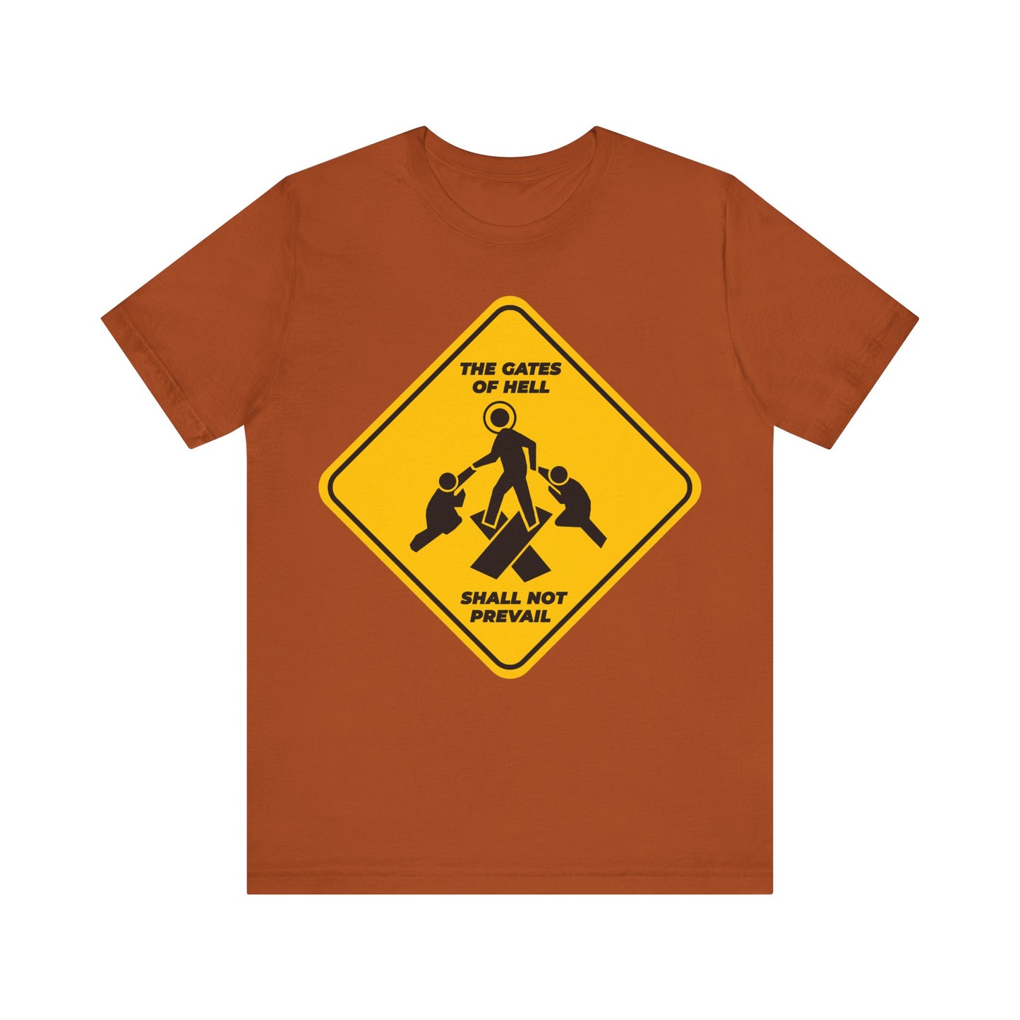 Gates of Hell Shall Not Prevail | Yellow Street Sign Minimalist Pascha Icon | Trampling Down Death By Death | Lightweight Cotton Unisex Tee