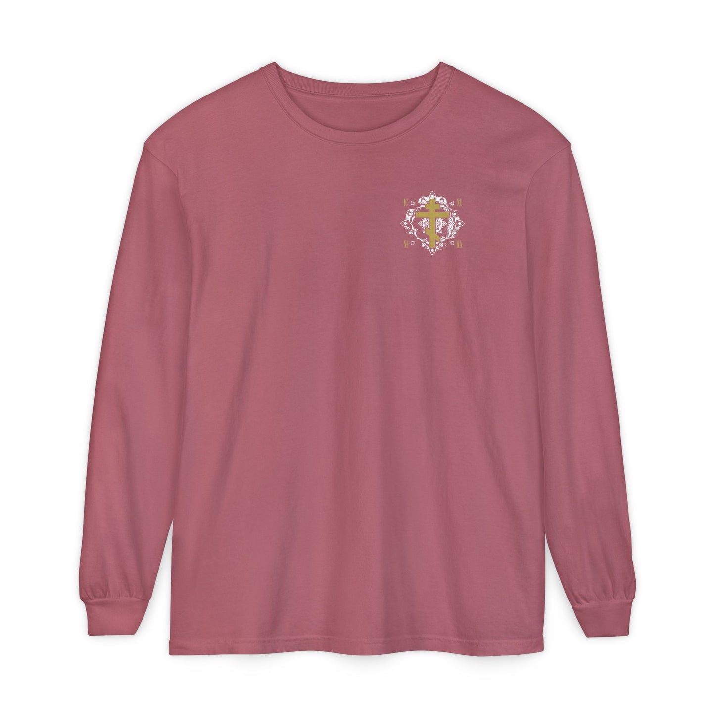 Gold Orthodox Cross ICXC NIKA  (Small Design) | White Medieval Ornate Floral Pattern | Jesus Christ Conquers | Christian Long Sleeve