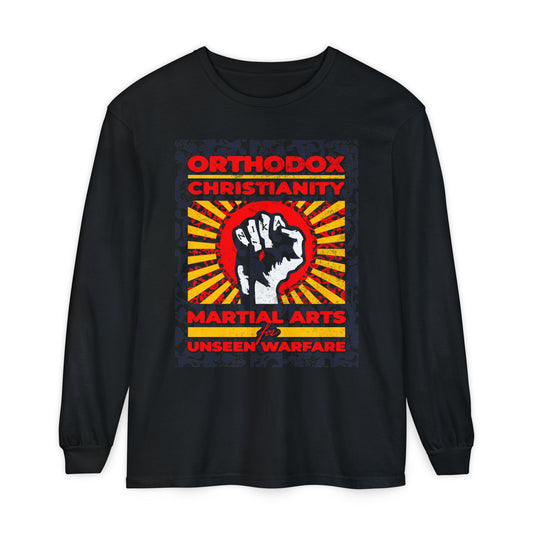 Orthodox Christianity: Martial Arts for Unseen Warfare | NIKA Jesus Fist on Colorful Sunburst Design | Orthodox Christian Long Sleeve Shirt