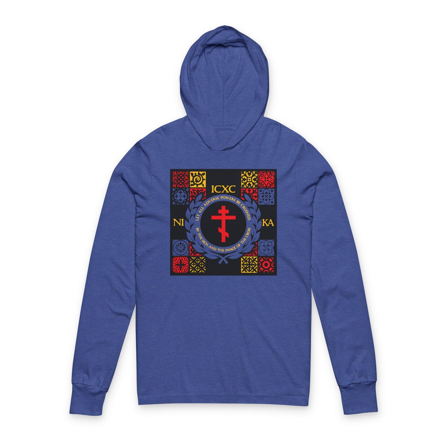 Let All Adverse Powers Be Crushed (Red, Yellow & Blue Design) | ICXC NIKA | Medieval Tile Design | Orthodox Long Sleeve Hooded Shirt