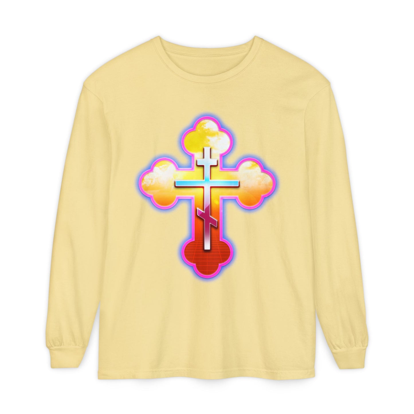 80s Synthwave Retrowave Outrun Aesthetic | Glowing & Reflective Gold & Red Three-Bar Cross | Orthodox Christian Cotton Long Sleeve Shirt